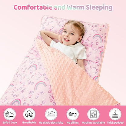 Viviland Toddler Kid Nap Mat for Preschool, Girls Pink Rainbow Slumber Bag, Daycare Sleeping Bag with Pillow and Blanket, Kindergarten Sleep Mat