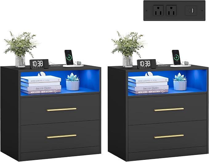 VASAGLE 23.6‑Inch Wide Nightstands, LED Lights, 2 Drawers | Modern Side End by Unknown