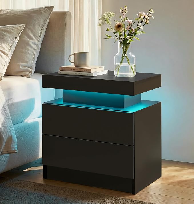 LED Nightstand with Wood 2 Drawers Modern Bedside Table by Unknown