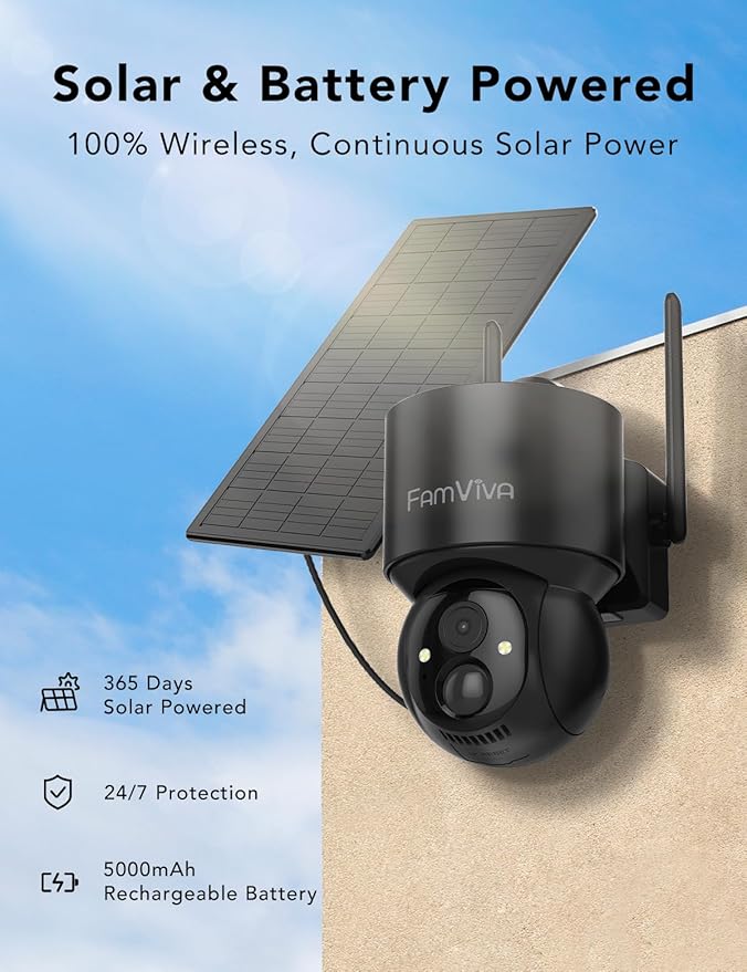 FAMVIVA 2K Solar Security Cameras Wireless Outdoor, 360°PTZ Battery Powered Cameras for Home Security, 2.4G WiFi Outdoor Camera with Color Night Vision, IP66 Waterproof, Motion Sensor Alarm, Black-4P