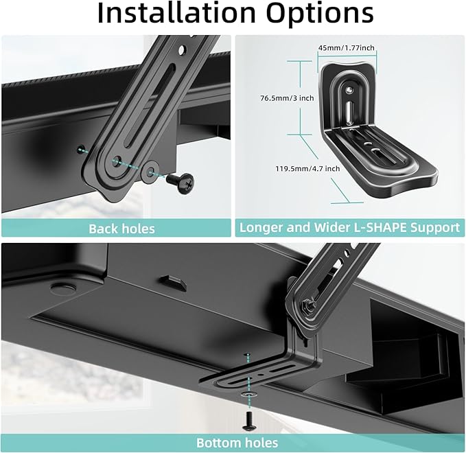 HCMOUNTING Soundbar Mount Bracket, Sound Bar Mounts Under TV or Above TV Fits Most Sound Bars Up to 20 Lbs, Soundbar TV Mount with 180° Adjustable Extension Plates and L-Shaped Hooks