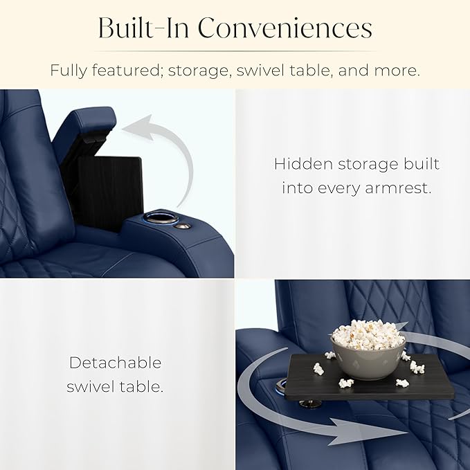 Seatcraft Diamante Zero-Gravity CoolZero Italian Leather Home Theater Seating, Power Headrest, Power Recline, Row of 2 Loveseat, Navy Blue