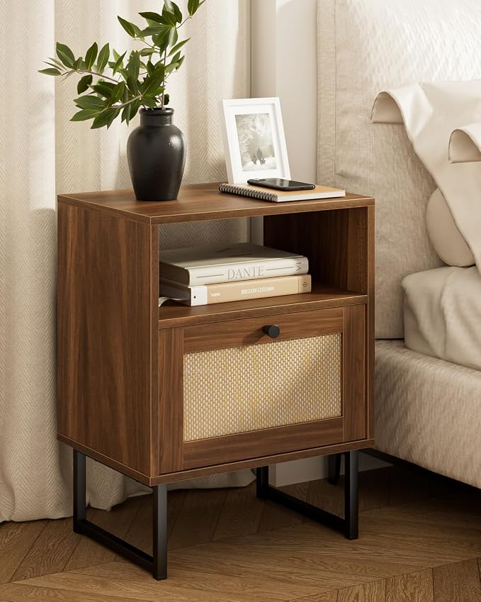 Masupu Extra Large Rattan Nightstand, Modern Boho Farmhouse Wood Bedside Table by Masupu