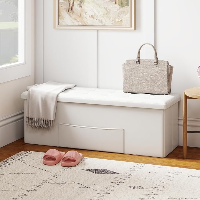 Giantex 43 Inches Folding Storage Ottoman Bench, Upholstered PU Leather Storage - Image 2