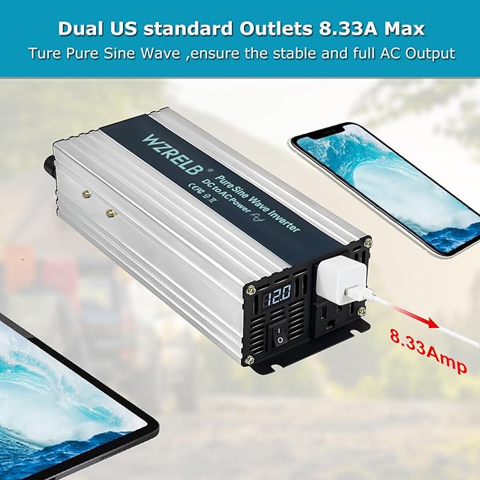 WZRELB 1000W Pure Sine Wave Inverter 12V DC to 110V 120V AC Power Converter with LED Display, Off-Grid Portable Power Inverter with 2 AC Outlets for Home, RV, Truck, Camping