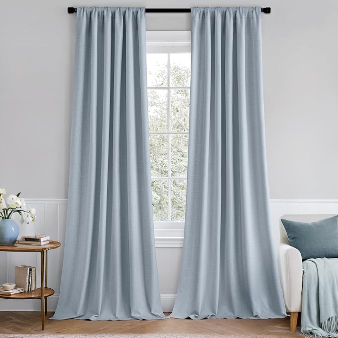 MIULEE 100% Blackout Back Tab Pleat Linen Curtains 50" Wx72 L, Chambray Blue | by MIULEE