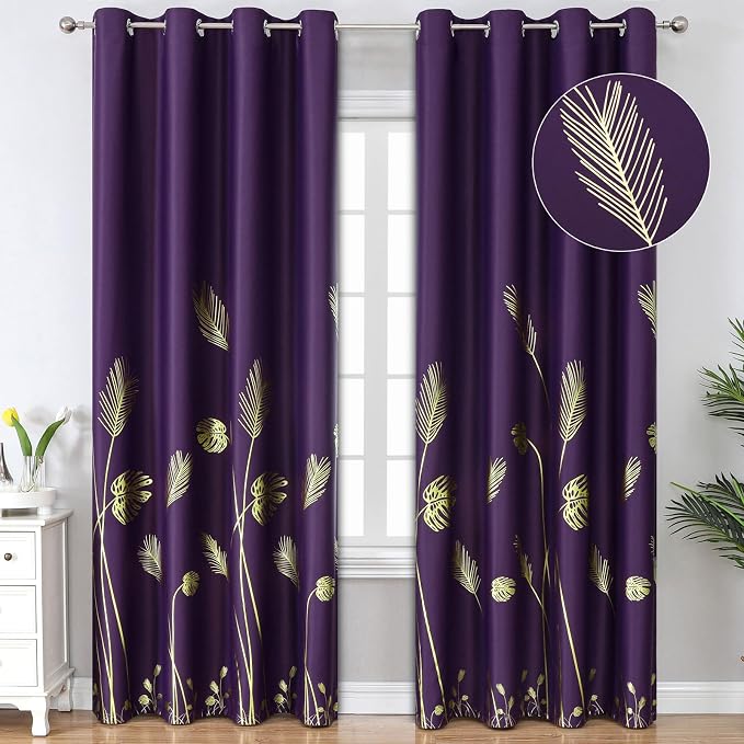 Purple Blackout Curtains for Bedroom, Room Darkening Gold Palm Tree Pattern by ESTELARTEXTILER