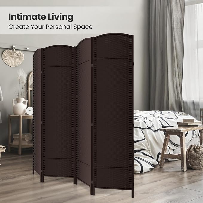 4 Panel Folding Room Divider, Woven Privacy Screen, Chocolate | Solid wood frame - Image 4