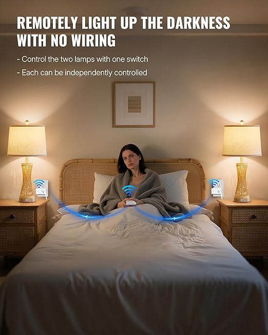 WILAWELS Remote Control Outlet Wireless Light Switch, Removable Remote Outlet Switch Kit for Lamps, Lights, Appliance, Expandable, 100ft RF Range, FCC Listed (1 Controller + 2 Outlets) W08RC1206