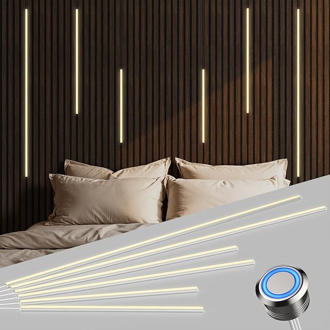LED Recessed Lighting for Slat Wall Panels - 6PCS Self-Adhesive Dimmable LED Light Strips, 3000K Warm White with Touch Control, for Wood Wall Panels, Stairs, Headboard, Under Cabinet Decor