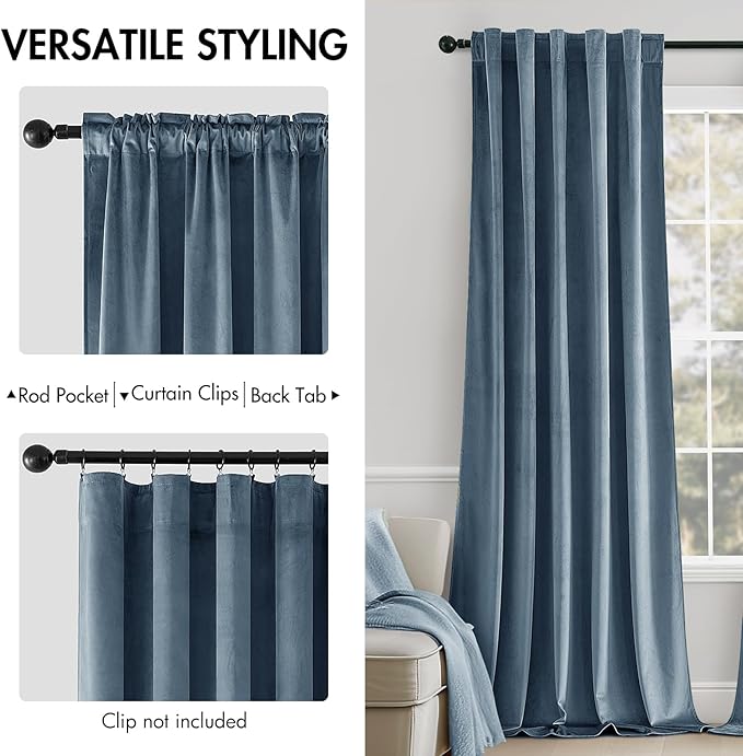 MIULEE Velvet Curtains 52x108 inches 2 Panels Stone Blue Blackout Curtains | - Image 2