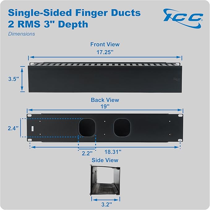 ICC 2U Finger Duct Cable Manager Panel with Cover, Plastic with Metal Back Frame, 3" Depth, Horizontal Cable Management, Rackmount for 19” Network Racks, Black, 6-Pack