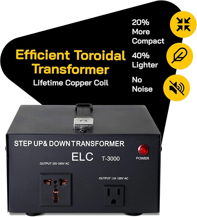 ELC T Series 3000+ Watt Voltage Converter Transformer - Step Up/Down - 110v to 220v / 220v to 110v Power Converter - Circuit Breaker Protection, CE Certified [3-Years Warranty]