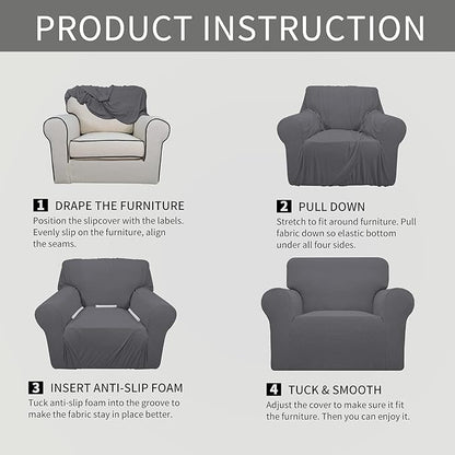 Easy-Going Stretch Oversized Chair Sofa Slipcover 1-Piece Couch Sofa Cover Furniture Protector Soft with Elastic Bottom for Kids Spandex Jacquard Fabric Small Checks Gray