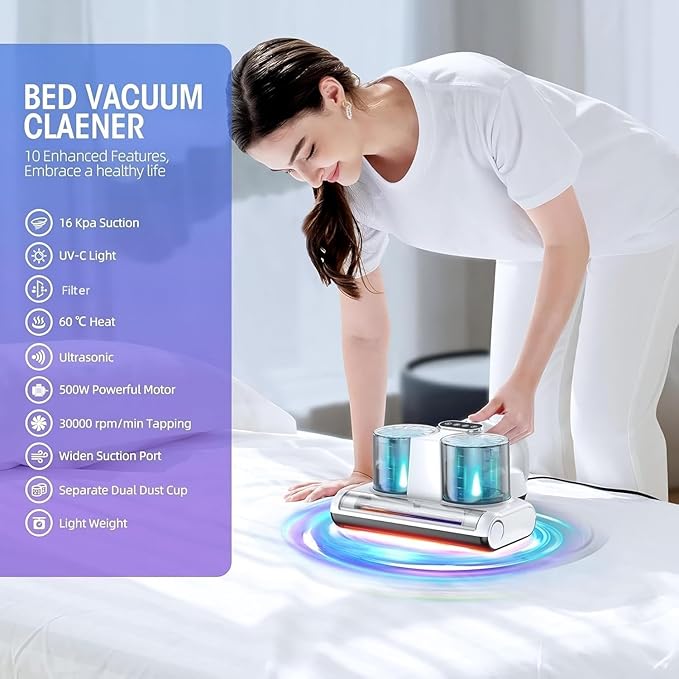 JPHYLL Mattress Vacuum Bed Vacuum Cleaner 16Kpa Suction 253.7nm UV-C Light, 140°F Heated Air, 30000 RPM Brushroll, Ultrasonic, HEPA Filter, Handheld Vacuums for Carpet/Sofa, 500W Corded, (White)