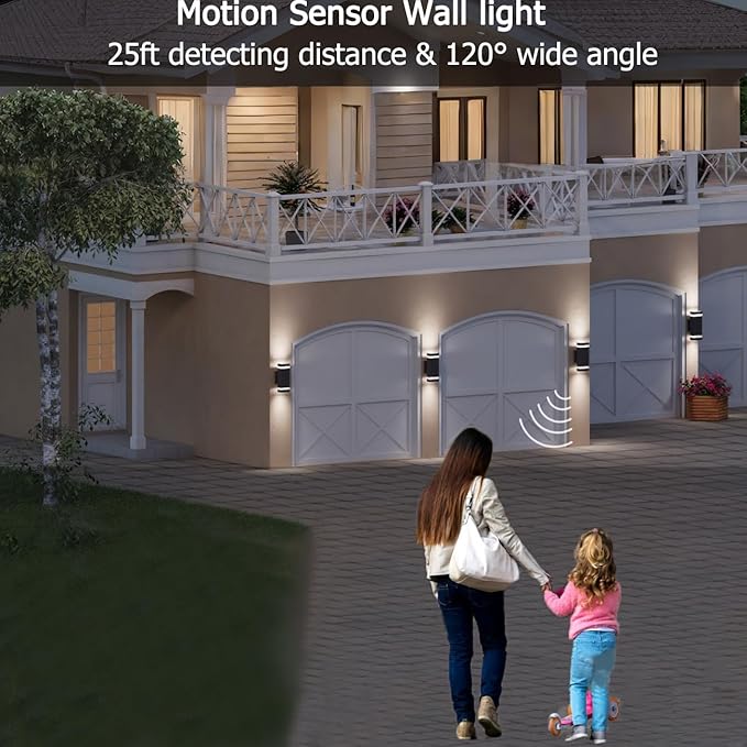 rosykite Motion Sensor Outdoor Wall Lights, Dusk to Dawn Exterior Light Fixtures with 3 Modes, Modern Up Down Wall Sconce, Waterproof Aluminum Porch Light for Garage, Patio, Front Door – Matte Black
