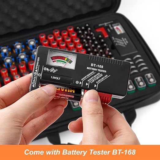Arkeiliy Battery Organizer, Battery Organizer Storage Case with Tester BT-168, Waterproof Battery Holder Box Holds, Battery Case Organizer 60+ AA AAA C D 9V Batteries (Batteries are Not Included)