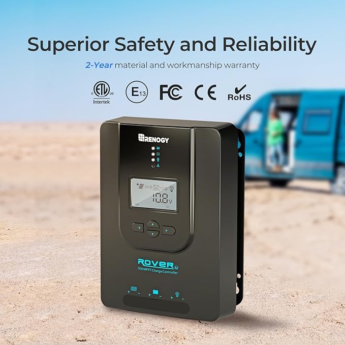 Renogy Charge Controller-Rover 30A MPPT 12V/24V Auto-Detect LCD Display | 99.9% Efficiency for Gel/Flooded/Lithium Batteries | Dual-Peak Tracking & Modbus Support (30A 12V/24V)