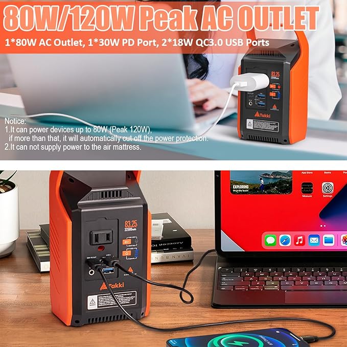 Takki 120W Peak Solar Generator with 21W Panel 83Wh Portable Power Station Solar Power Bank with 110V AC Outlet for Camping Home Use Outdoor Emergency Fan Laptop Hurricane