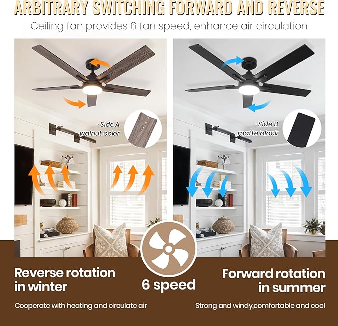 SODSEA Ceiling Fans with Lights, 52 Inch Black Ceiling Fan with Light and Remote Control, Reversible, 3CCT, Dimmable, Noiseless, Small Ceiling Fan for Bedroom, Indoor/Outdoor Use