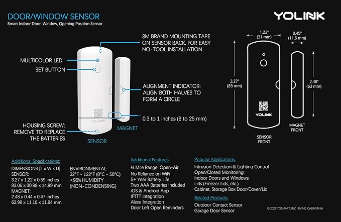 YoLink LoRa Smart Door & Window Sensor: Up to 1/4 Mile Open-Air Range, Door Left-Open Reminders, up to 5 Year Battery Life, Alexa, IFTTT, Home Assistant, Home Security, Hub Required