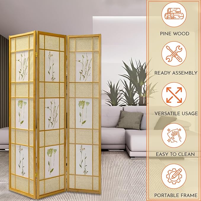 Legacy Decor Room Divider Screen 71-in Tall 3-Panel Natural Botanical Print | - Image 6