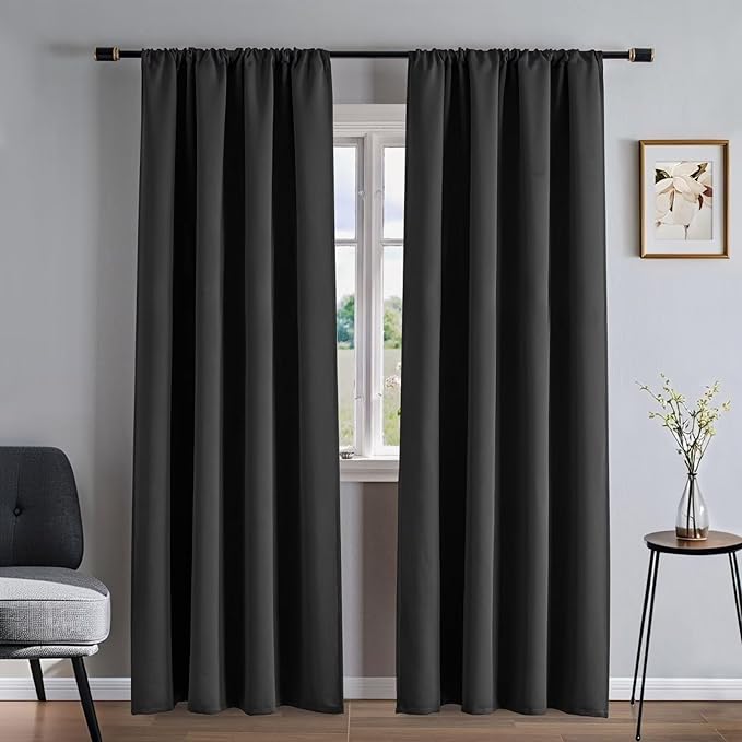 Blackout Curtains 108 Inches Long 2 Panels Set, Dark Grey Curtains Thermal Insulated Room Darkening Drapes for Bedroom, Rod Pocket Light Blocking Drapes Living Room(52W × 108L, Dark Grey)