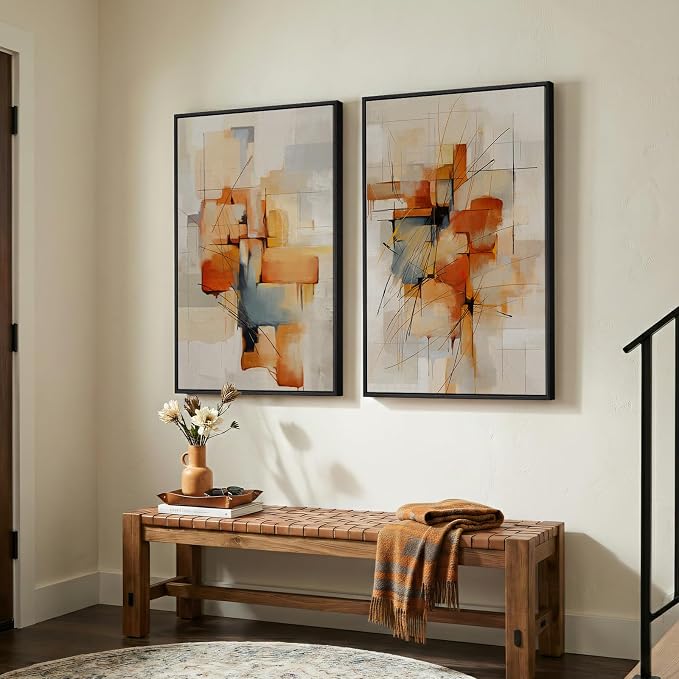 Large Framed Blue Orange Block Abstract Wall Art - Image 4
