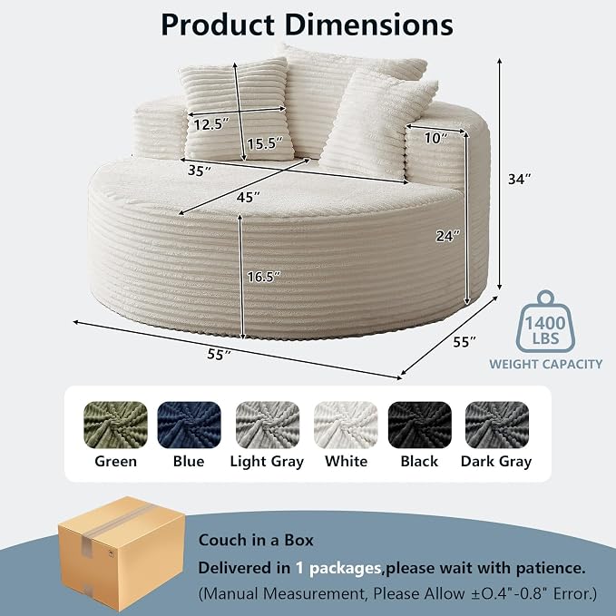 55'' Oversized Round Chair Lounge Chaise Indoor, Cloud Corduroy Upholstered - Image 2