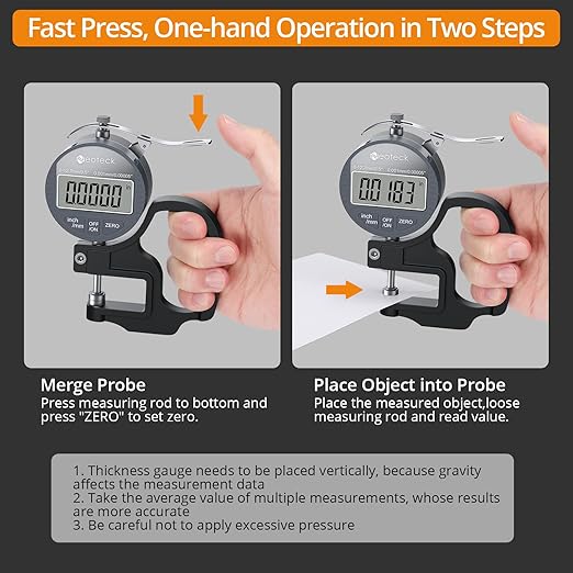 Neoteck Digital Thickness Gauge 0.5inch/12.7mm,0.00005inch/0.001mm LCD Display with Inch/MM Conversion One-Hand Quick Press Thickness Measuring Tool for Leather Paper Fabric Film etc.-Silver-Grey