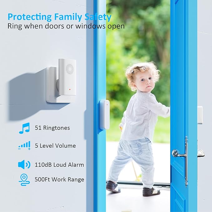 Wireless Door Sensor Chime, Door Open Alarm When Entry Business/Office/Store (500ft Range 51 Ringer Adjustable Volume) Home Alert Bell for Kid/Toddler Safety