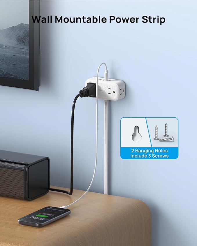 TROND 360° Rotating Flat Plug Power Strip 1.5ft, 4 Widely AC Outlets, Wall Mount - Image 7