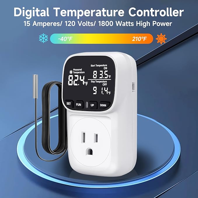 COMYAN Temperature Controlled Outlet with 16.4ft & 6.5ft 2 Probes, Reptile Thermostat 15A 1800W Digital Thermostat, Heating Cooling Timer with Cyclic Timing/Countdown, -40℉~210℉ for Reptile Incubator