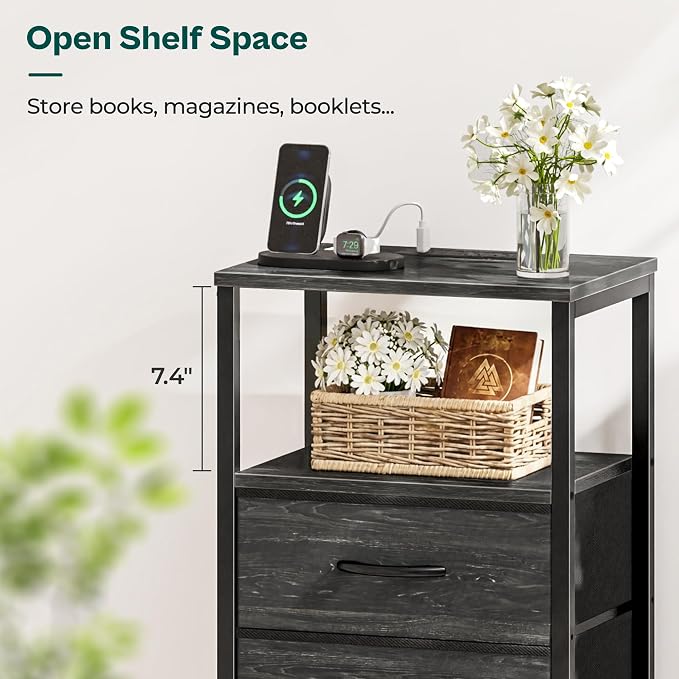 Huuger Nightstand with Charging Station, Side Table with Fabric Drawers | - Image 6