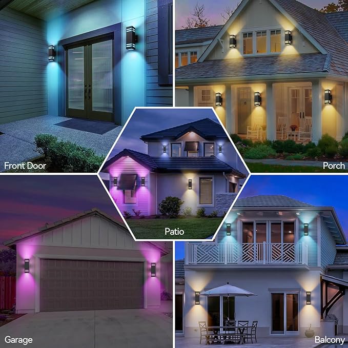 Zinola Outdoor Smart Wall Lights 2 Pack, Aluminum Exterior Lighting Fixtures Dusk to Dawn Color Changing Outdoor Lights with Matte Black Finish for Outside Decor, DIY Lighting Effects