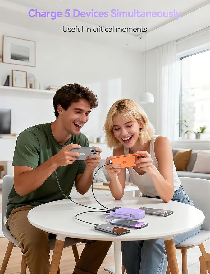 LENGSUM Portable Charger Power Bank Built-in Cables, 32000mAh 22.5W USB C Fast Charging, 5 Outputs 3 Inputs Travel Essentials Battery Pack Compatible with iPhone, iPad, Samsung, Google Pixel, Purple