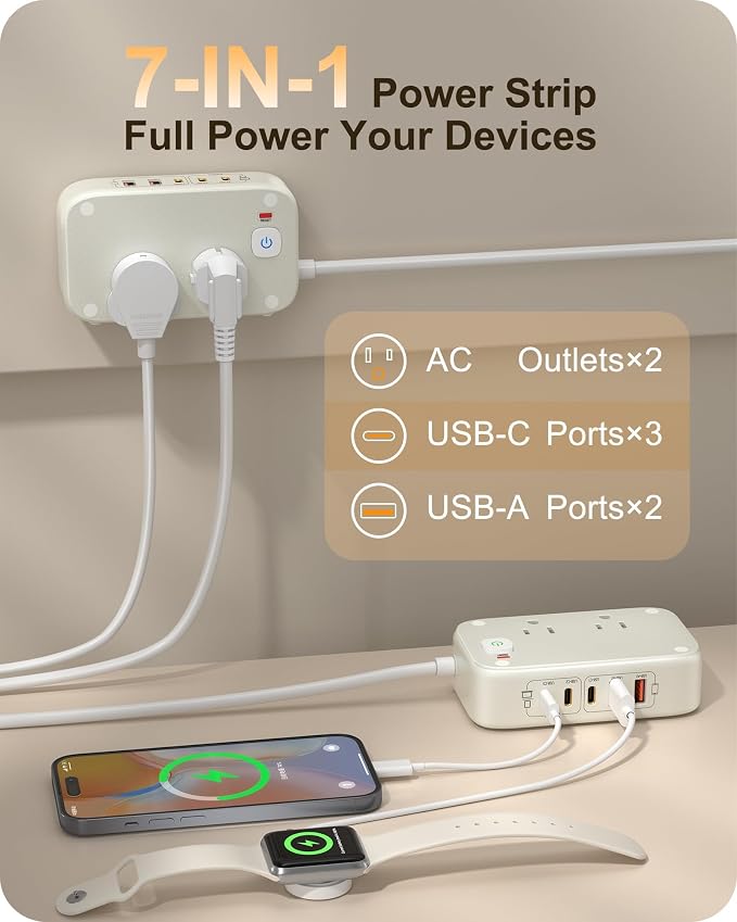 Travel Power Strip with PD65W Fasting Charging 7-in-1 USB C Charging Station - Image 2