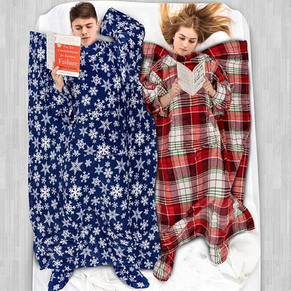PAVILIA Fleece Blanket with Sleeves, Foot Pockets for Women Men Adults, Plush Wearable Blanket Throw Wrap, Warm Snuggle Blanket Robe, Cozy Gift Ideas Wife Mom, Snowflake Blue