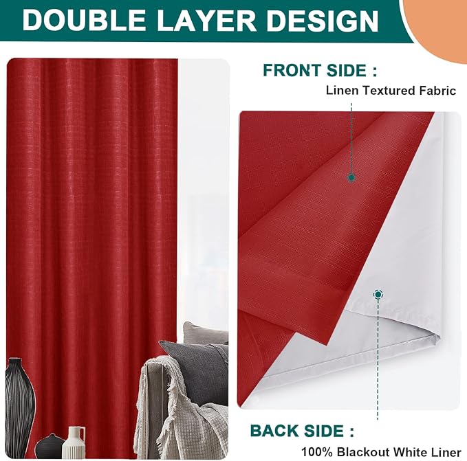 Diraysid 100% Blackout Curtains Red Linen Curtains - Image 5