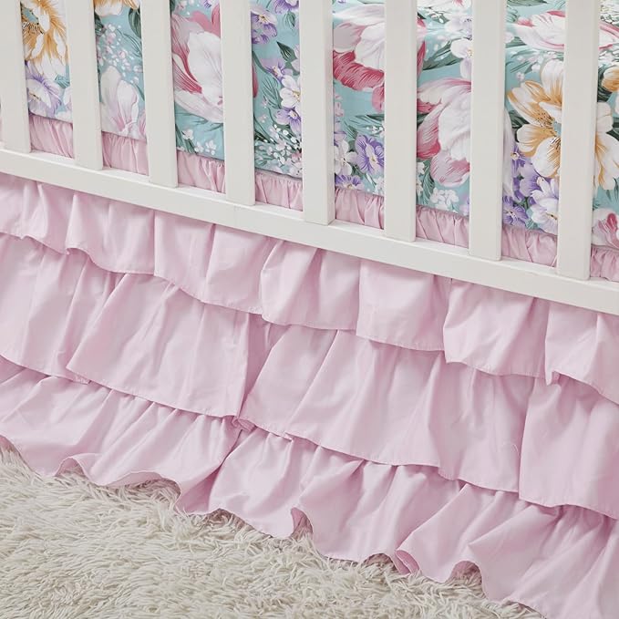 Brandream Crib Bed Skirt Dust Ruffle Triple Layer 100% Egyptian Cotton Sateen Silky Pink Purple Ruffled Baby Girls Nursery Bedding