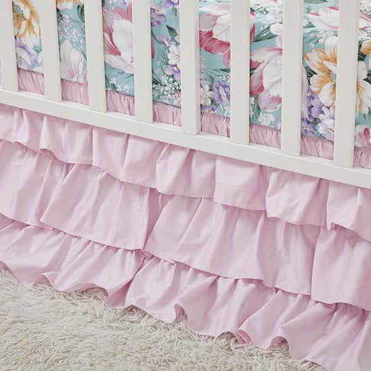 Brandream Crib Bed Skirt Dust Ruffle Triple Layer 100% Egyptian Cotton Sateen Silky Pink Purple Ruffled Baby Girls Nursery Bedding