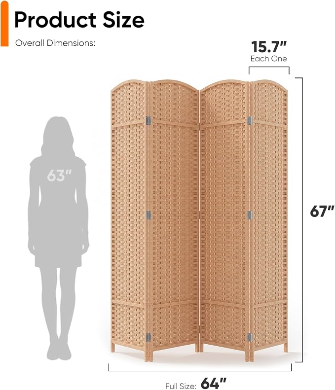 4 Panel Woven Room Divider, Natural | - Image 2