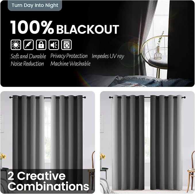 SimpleHome 100% Blackout Ombre Bedroom Curtains Grey and Greyish White - Image 3