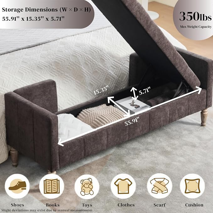 Aoiy & Wifon 64.57" W End of Bed Bench King Size, Upholstered Large Storage - Image 3