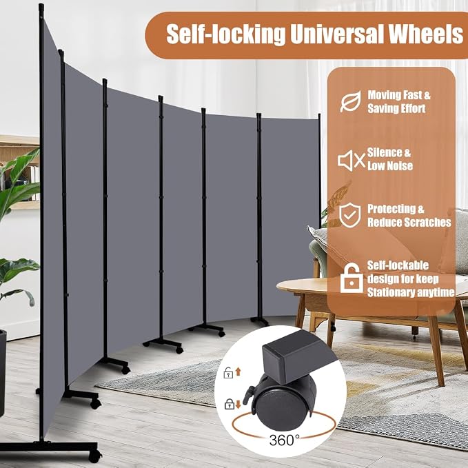 Room Divider 6FT Tall Folding Privacy Screens, 6 Panel Wall Divider w/Wheel | - Image 4