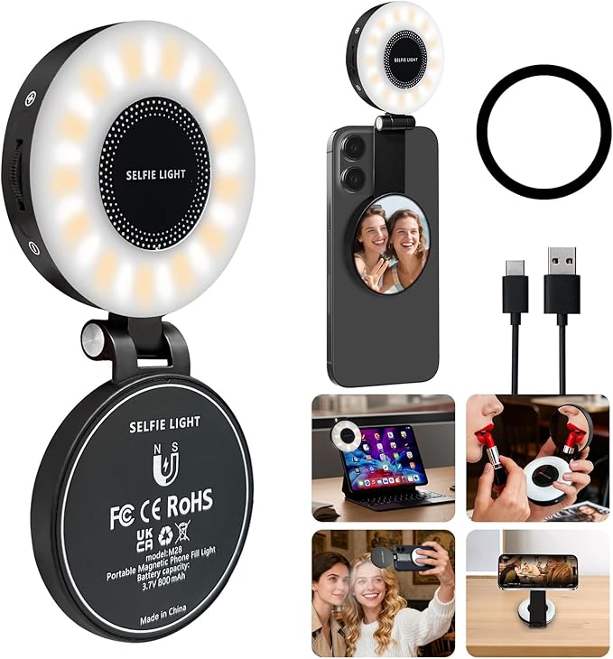 PrielPaek 3-in-1 Magnetic Beauty Selfie Light for Phones, with 2.4" Mirror Magnetic Selfie Light, Adjusted 3 Modes, Rechargeable Fill Light for Selfies, for Photography,Makeup,Vlog,TikTok,Video(Black)