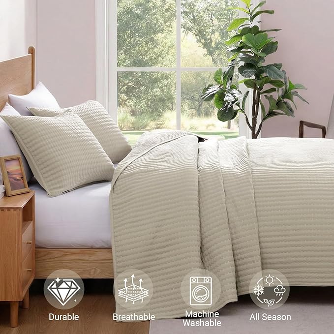 King Size Quilt- Lightweight Bedspreads Oatmeal King Quilt Bedding Set | Soft - Image 5