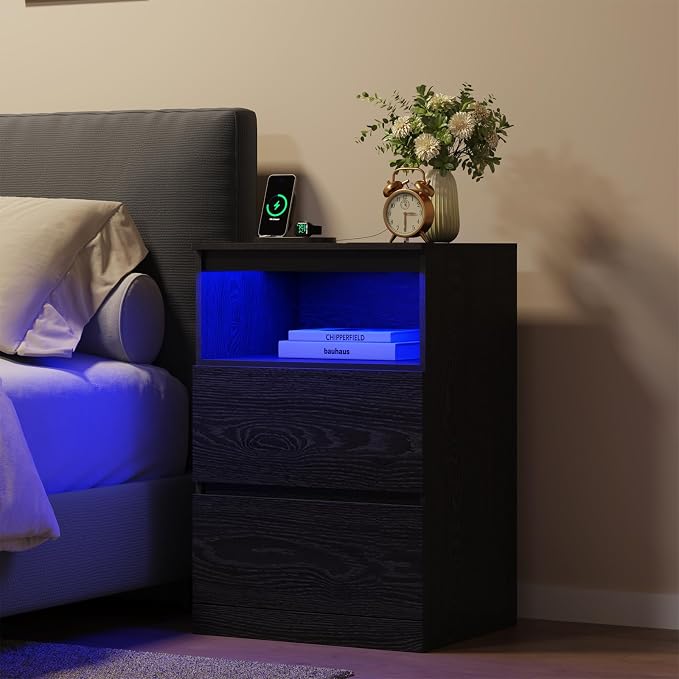 Nightstands Set of 2 with Charging Station, LED Lights, Hidden Drawer, Modern - Image 9
