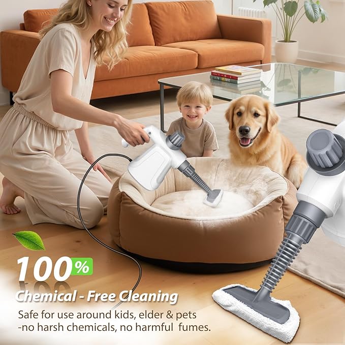 LaoTzi Steam Cleaner Handheld, 1300W High Pressure Natural Steamer with 450ml Large Tank & Hands-Free Lock, 14-Piece Steam Cleaner Pro Toolkit for Home, Kitchen, Car, Tile, Grout, Grill & Upholstery