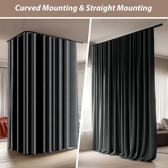 Room Divider Curtains with Ceiling Curtain Track Set Window Curtain for Bedroom,Living Room Total Blackout Thermal Insulated Privacy Ceiling Track Curtain W 9 × H 9 FT Deak-Grey drape&Black track